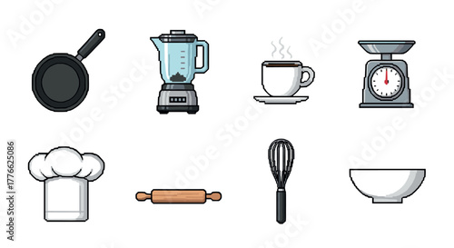 Pixel art kitchen utensils collection blender, scale, coffee, and more