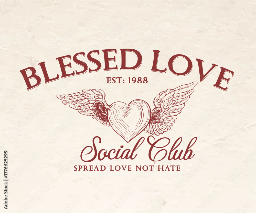 Obraz premium Retro vintage love artwork with typography, Heart and wings vintage design, Love social club design, Vintage women t shirt design 