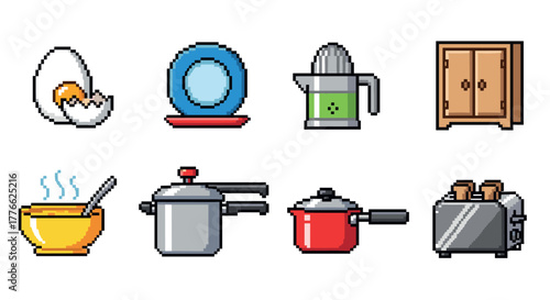 Pixel art kitchen icons set including cookware, utensils, and appliances