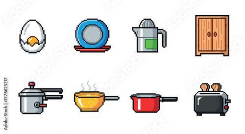 Pixel art kitchen items collection retro style icons for culinary designs
