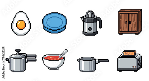 Pixel art kitchen items collection appliances, utensils, and accessories