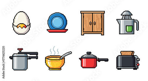 Pixel art kitchen essentials diverse cooking equipment in retro style