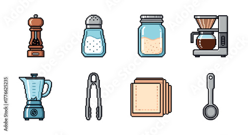 Pixel art kitchen tools collection with pepper mill, salt shaker, and blender