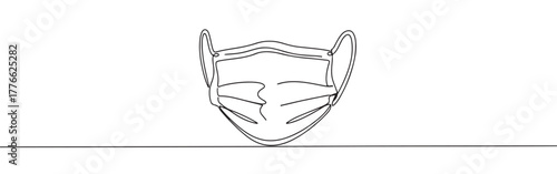 A continuous line art depiction of a medical face mask with ear loops, essential for health protection, isolated on a white background.