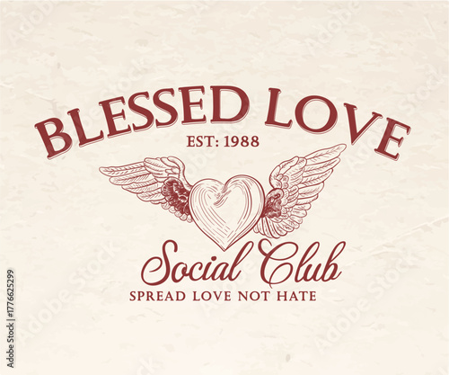 Retro vintage love artwork with typography, Heart and wings vintage design, Love social club design, Vintage women t shirt design  