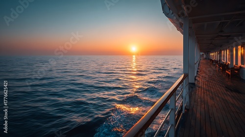 Awesome photo of sunset over the ocean viewed from the deck of a cruise ship.