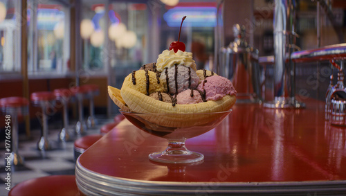 Delicious banana split dessert served in a retro American diner setting. Includes scoops of chocolate, vanilla, and strawberry ice cream, drizzled with chocolate syrup, topped with whipped cream