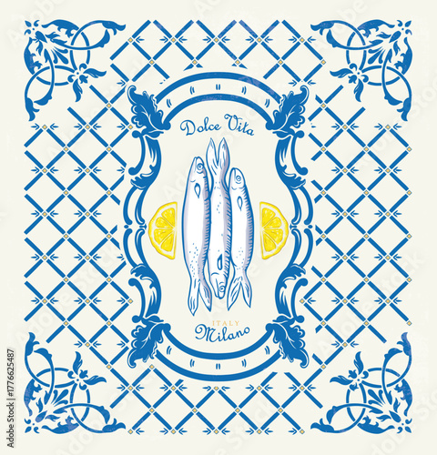 Italian summer seafood vector art, la dolce vita dinner vector art, Sardines and lemon watercolor vector, Mediterranean motif frame design 