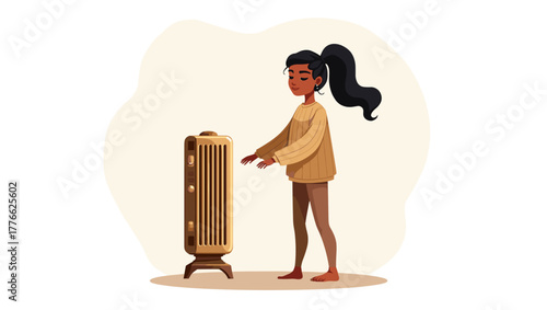 Girl warming hands with bare feet near heater standing in cozy room concept of winter comfort