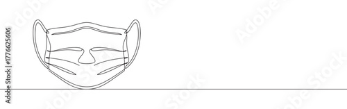 A continuous line art depiction of a medical face mask with ear loops, essential for health protection, isolated on a white background.