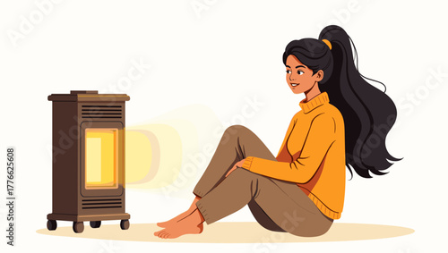 Smiling woman with bare feet near heater in warm sweater sitting on floor cozy home concept