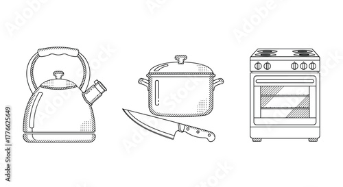 Hand drawn kitchen utensils and appliances in linear style