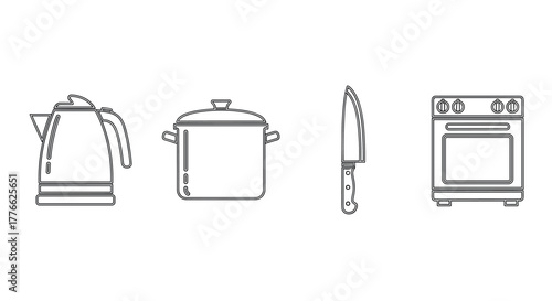 Minimalist kitchen line art of kettle, pot, knife, and oven
