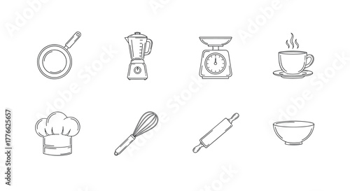 Essential kitchen tools collection frying pan, blender, scale, and more