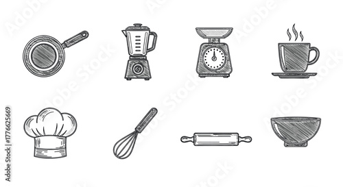 Hand drawn kitchen utensils collection sketched cooking tools and accessories