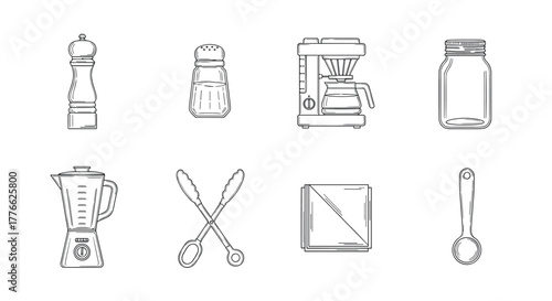 Minimalist kitchen essentials line art blender, coffee maker, jar, and more