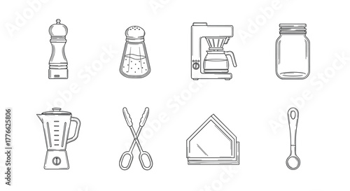 Minimalist kitchen utensils set with pepper grinder, salt shaker, and coffee maker