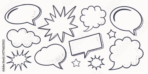 This set of hand drawn cartoon speech bubbles features a vector illustration design for chat and talk communication dialog messages