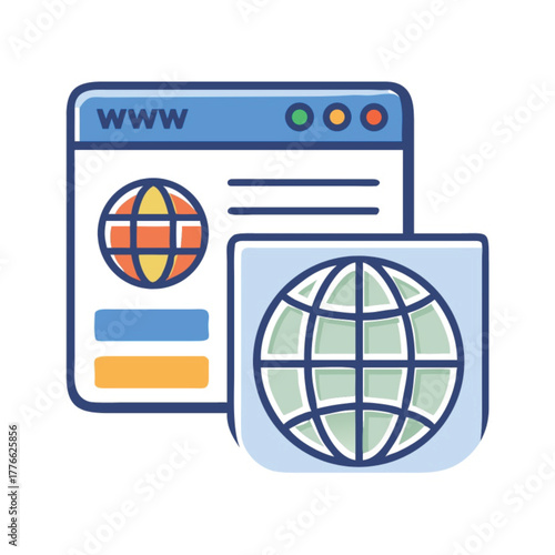 Global communication web icon set vector illustration shows technology and business network symbols on a glossy earth globe button