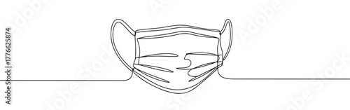 A continuous line art depiction of a medical face mask with ear loops, essential for health protection, isolated on a white background.