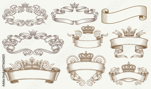 set of  scroll or banner parchment paper ribbon band in a vintage woodcut style