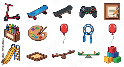 Colorful pixel art of classic childhood toys and games