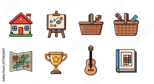 Colorful pixel art icons of home, leisure, and hobbies with retro charm