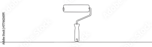 A continuous line art depiction of a paint roller with a handle, commonly used for home improvement and decorating tasks, isolated on a white background.