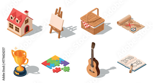 Isometric set of creative tools and leisure items puzzle, guitar, trophy, and more