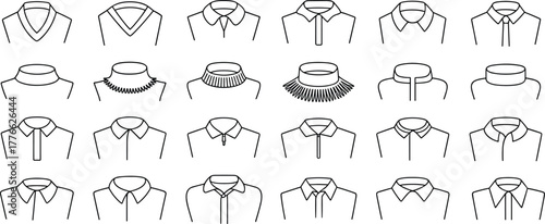 Collection of 24 collar styles vector illustration, fashion design template, garment construction reference, flat sketch, tailoring guide, neckline variations, apparel technical drawing