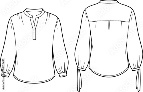 Technical fashion illustration of women’s blouse, front and back view with split neckline, placket, gathered cuffs, yoke pleats, sleeve ties, vector design