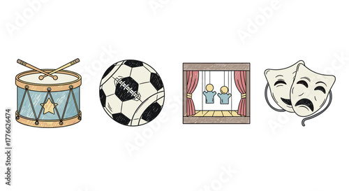 Artistic icons of culture drum, soccer ball, theater stage, comedy and tragedy masks