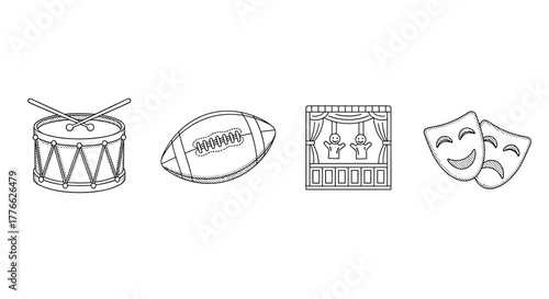 Linear icon set featuring drum, football, puppet show, and theater masks