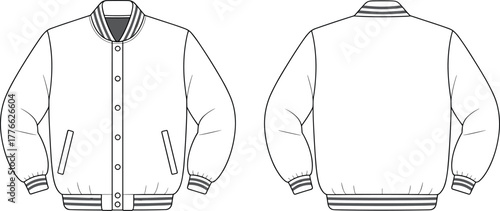 Technical fashion illustration of varsity jacket, front and back view with ribbed collar, cuffs, hem, snap button closure, welt pockets, garment design vector