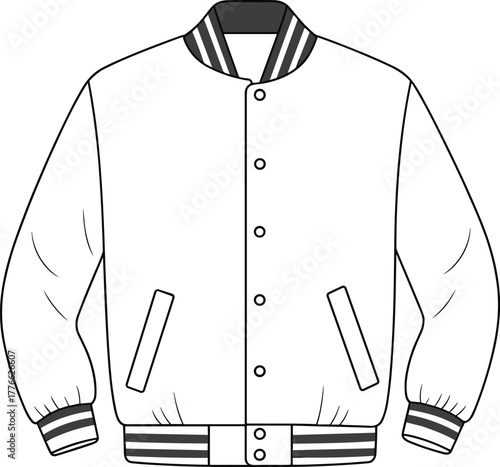 Black and white varsity jacket fashion illustration, classic outerwear design with ribbed collar, cuffs, waistband, snap button closure, side pockets, vector sketch