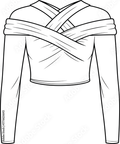 Elegant women’s crop top fashion illustration, long sleeve garment design with crisscross off shoulder detail, stylish apparel sketch for clothing, vector drawing