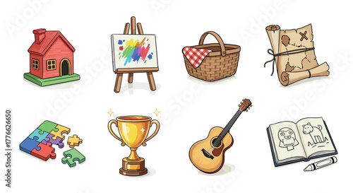 Colorful icons of hobbies and leisure house, art, picnic, treasure, puzzle, trophy, guitar, coloring book