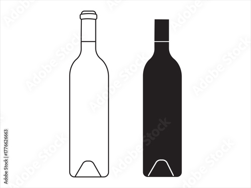 Bordeaux Wine Bottle Outline and Silhouette Vector Duo | Classic Alcohol Beverage Packaging Icon Template.