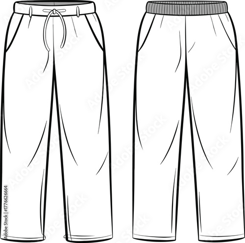 Casual pants fashion illustration, vector clothing design showing drawstring and elastic waistband variations, relaxed fit trousers with pockets, garment sketch for apparel design