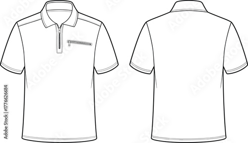 Technical fashion illustration of polo shirt, front and back view with collar, button placket, chest pocket, short sleeves, garment construction vector design