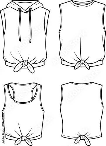 Technical fashion illustration of sleeveless tops, front and back views with knotted details, hoodie, crew neck, racerback variations, vector garment design