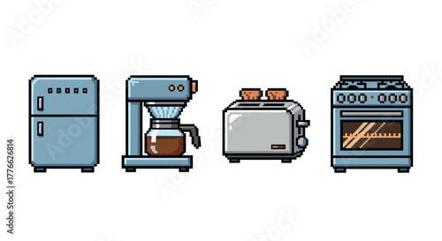 Retro pixel art kitchen appliances fridge, coffee maker, toaster, and oven
