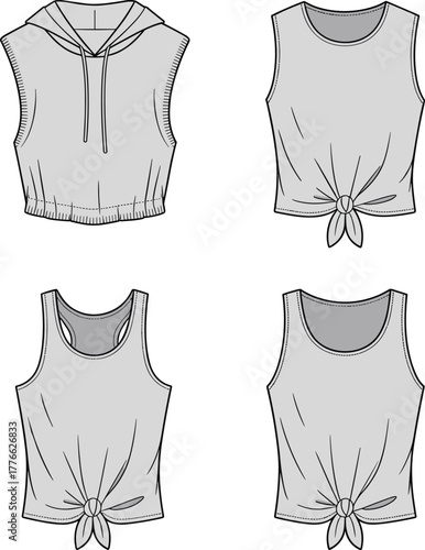 Technical fashion illustration of sleeveless tops, four variations including crop hoodie, crew neck, racerback, scoop neckline with front tie details, vector design