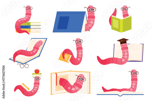 Cute bookworms set. Pink smart worms with glasses and graduation cap reading paper science books from library or bookstore stack, happy animal nerd studying and sleeping cartoon vector illustration