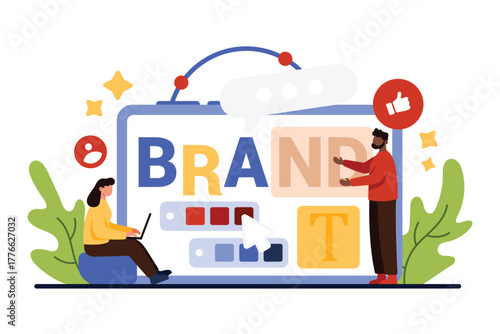 Brand identity creation, development by designers and marketing team. Tiny people develop creative name logo for company, work on visual content recognition and branding cartoon vector illustration