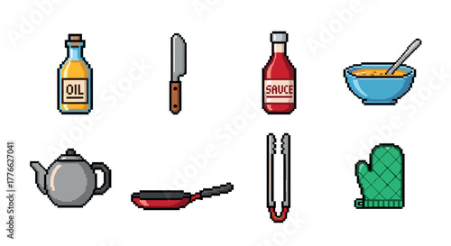 Pixel art kitchen tools and condiments retro style cooking essentials