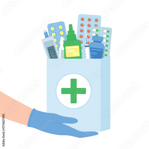 Delivery of medicines from pharmacy. Hand of doctor, pharmacist in blue protective glove holding bag with cross and pills, package with drugs and prescription remedy cartoon vector illustration