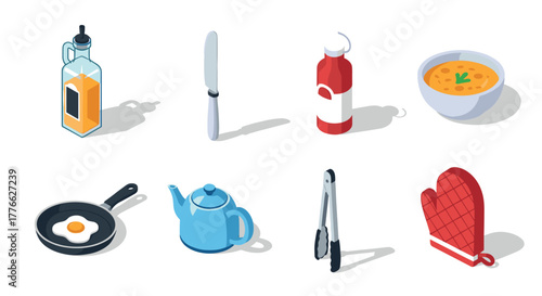Isometric kitchen tools and ingredients collection for cooking themed designs