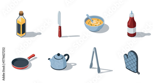 Kitchen essentials collection isometric cooking utensils and condiments set
