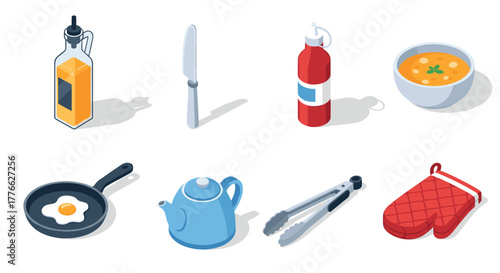 Essential kitchen items in modern isometric style oil, knife, sauce, soup, frying pan, kettle, tongs, mitt